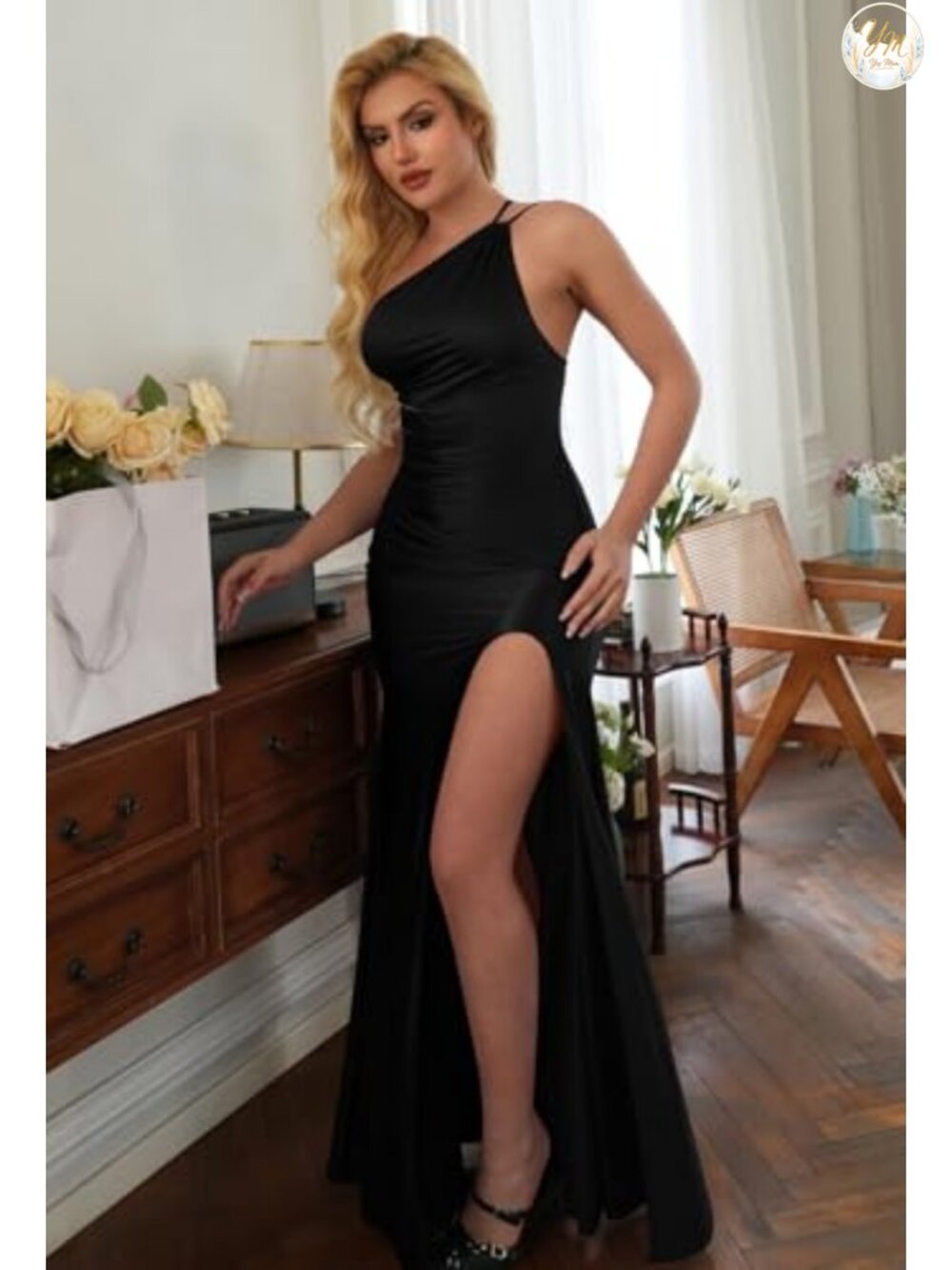One Shoulder Ruched High Split Maxi Formal Evening Dress - Picture 4 of 5